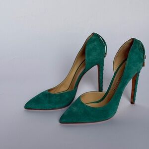 CHLOE GOSSELIN teal green Suede D’Orsay Back Lace Stiletto Pumps, Sz. 39.5